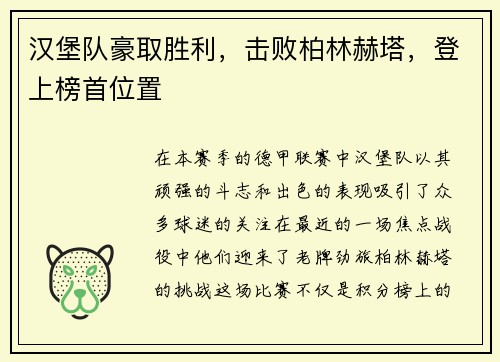 汉堡队豪取胜利，击败柏林赫塔，登上榜首位置