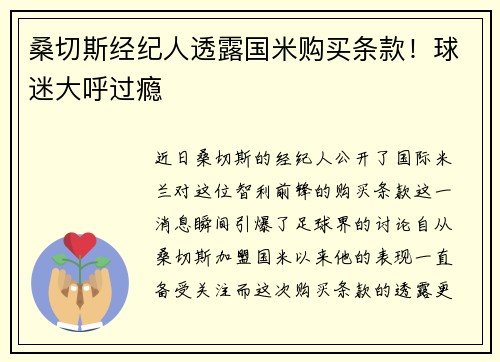 桑切斯经纪人透露国米购买条款！球迷大呼过瘾