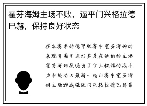 霍芬海姆主场不败，逼平门兴格拉德巴赫，保持良好状态